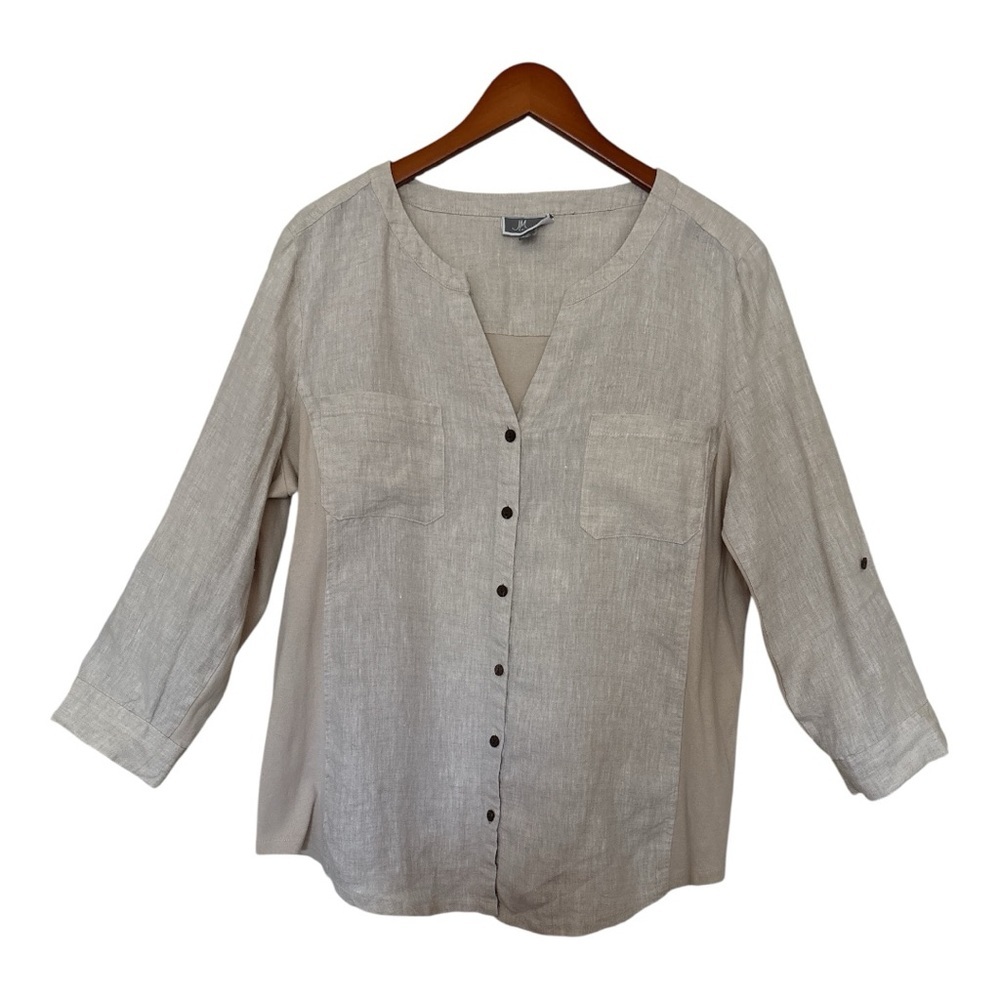 JM Collection Women’s Light Beige Button-Down Shirt 100% Linen 100% Cotton
